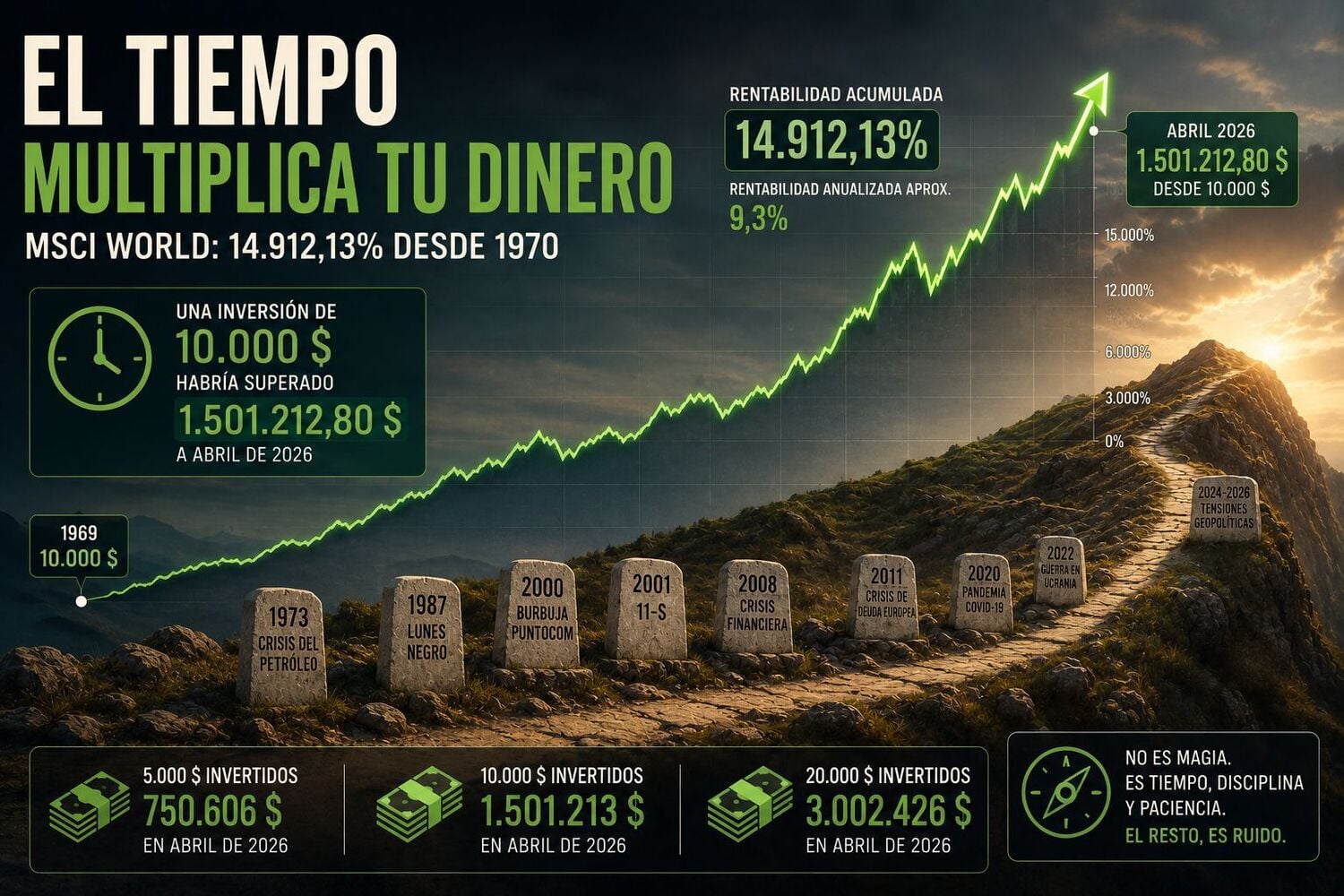 El MSCI World ha convertido10.000 dólares en 1,5 millones